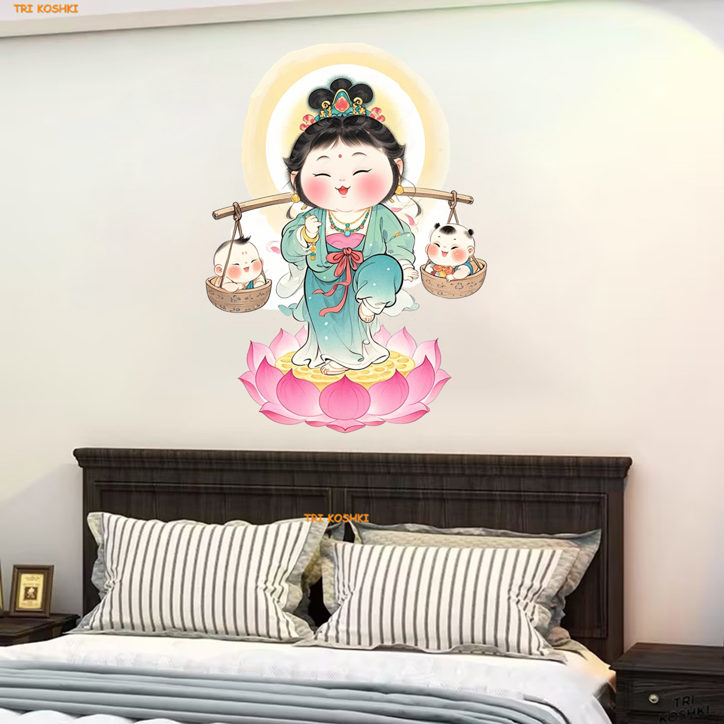 可爱观音送子贴画自粘墙贴新房婚房床头结婚布置喜庆备孕墙贴自粘