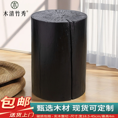 复古圆形实木花架黑碳化简约摆件