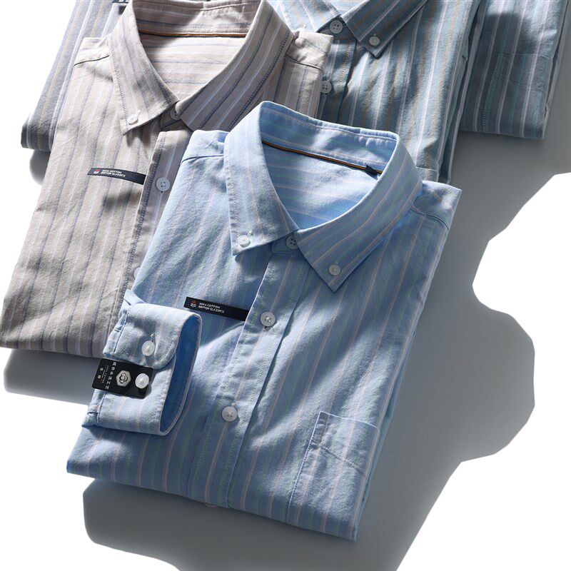 成衣水洗牛津纺长袖衬衫男款春秋季彩色条纹休闲工装口袋衬衣