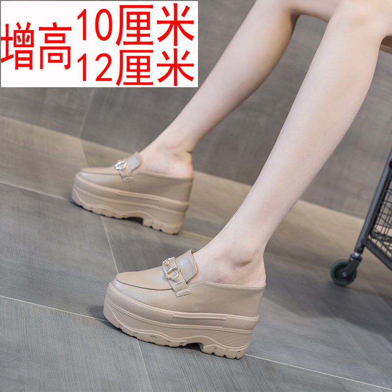 春款半拖鞋女内增高小个子松糕鞋懒人12公分厚底包头高跟凉拖10cm