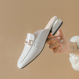 2025新款网红百搭半托单鞋女中跟漆皮包头半拖鞋女夏外穿时尚凉拖