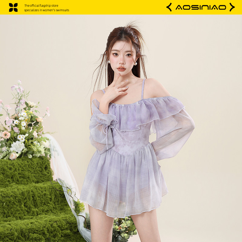 连体泳衣女款2024新款爆款高级感泡温泉显瘦遮肚保守长袖裙式泳装