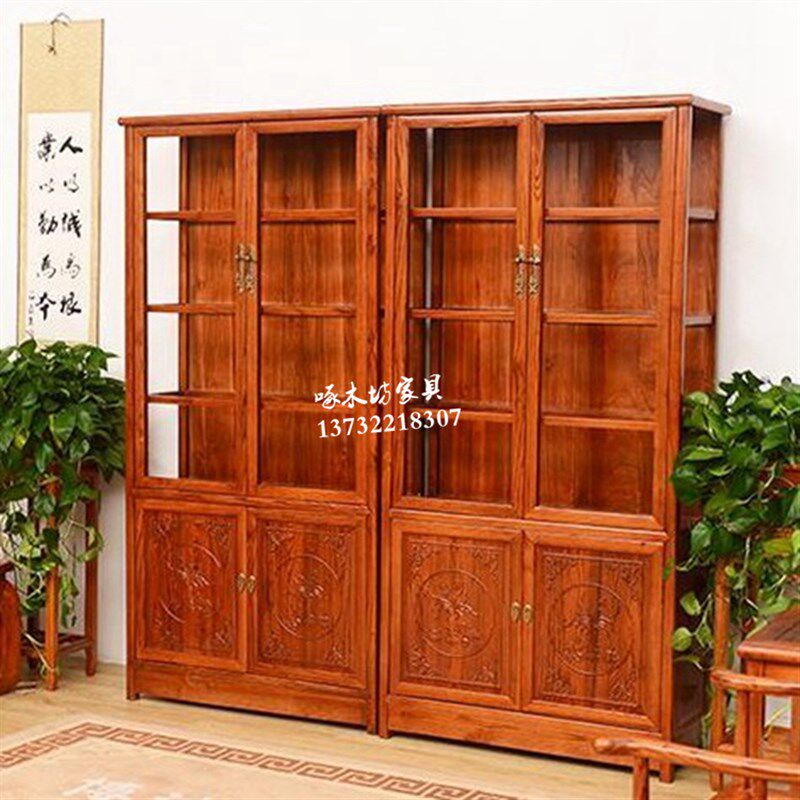 明清仿古珠宝柜 实木南榆木玉器雕花陈列柜中式R带灯孔玻璃展示柜