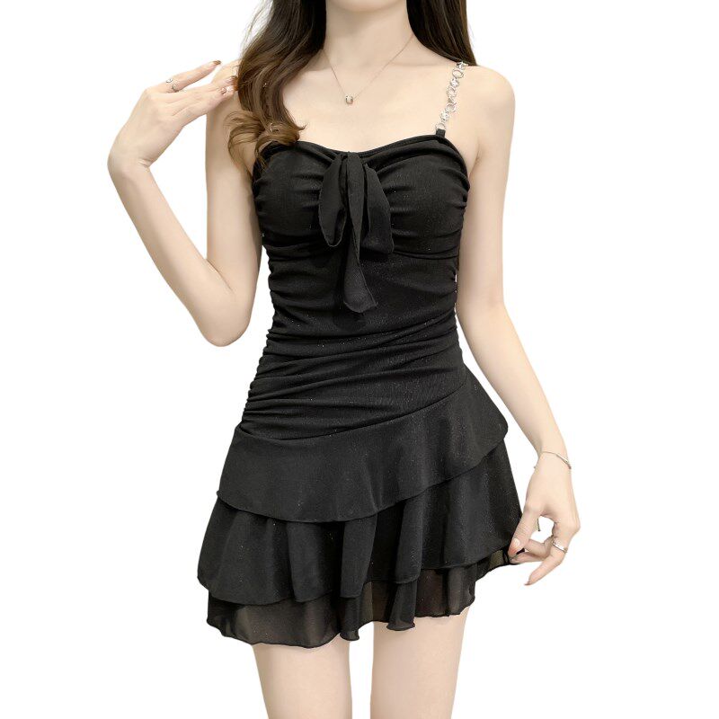 泳衣女2025新款黑色连体平角裙式长袖罩衫平角保守高级感温泉泳装