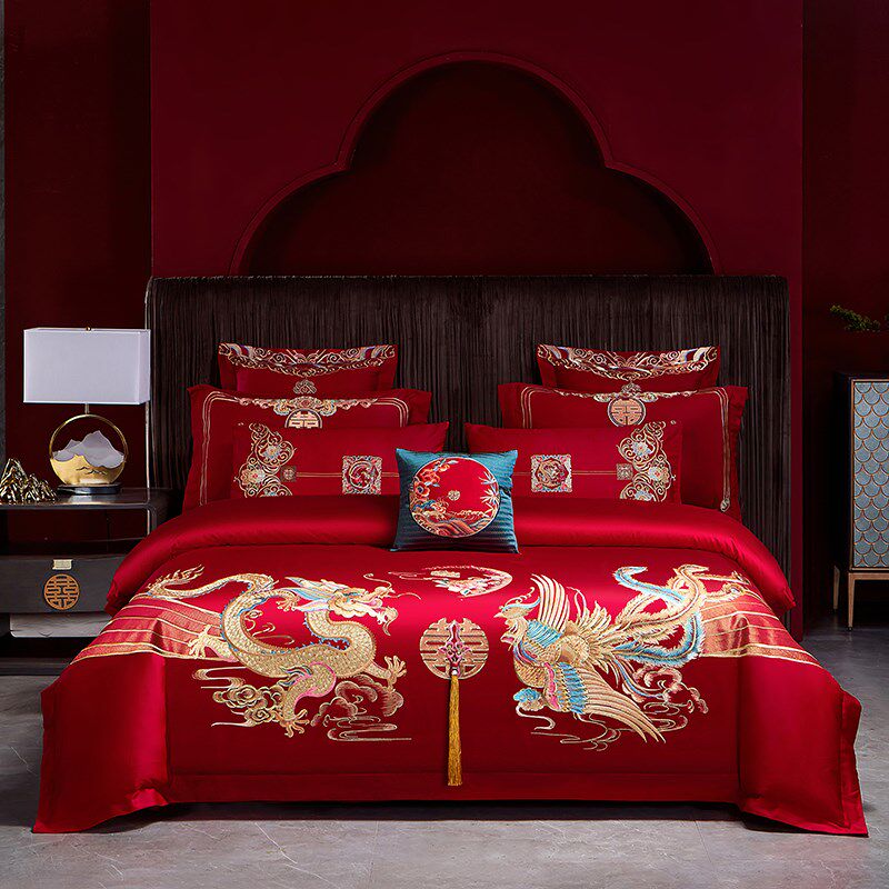 全棉婚庆四件套大红色刺绣新婚床单结婚喜被婚房陪嫁床上用品