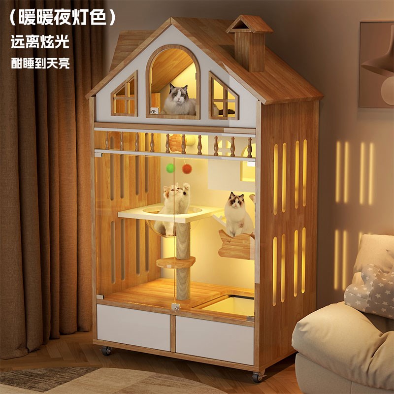 猫别墅家用室内猫窝带厕所一体猫屋实木猫柜猫房子猫砂盆一体猫屋