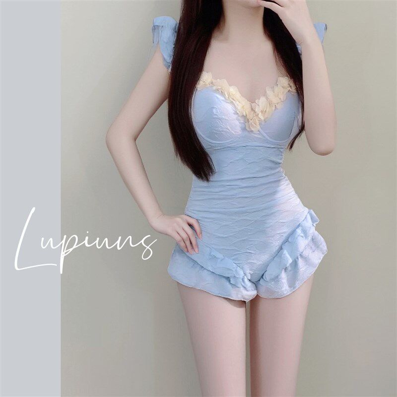 2025新款蓝色连体游泳衣女保守纯欲风遮肉显瘦聚拢泡温泉游泳衣女