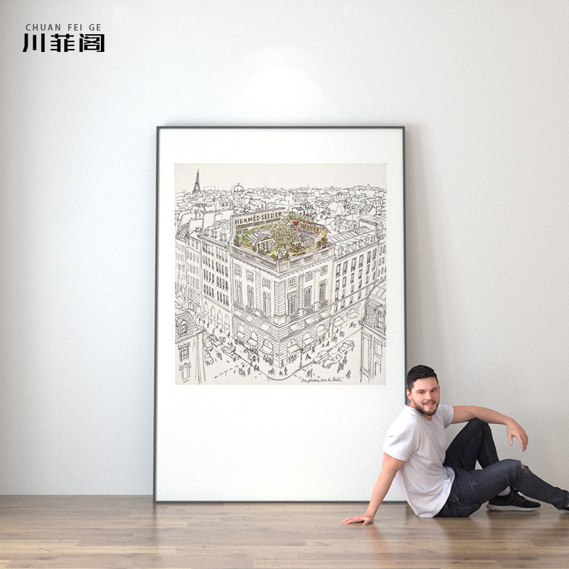 法式高级c感沙发落地画现代简约客厅背景墙装饰画玄关大幅黑白挂