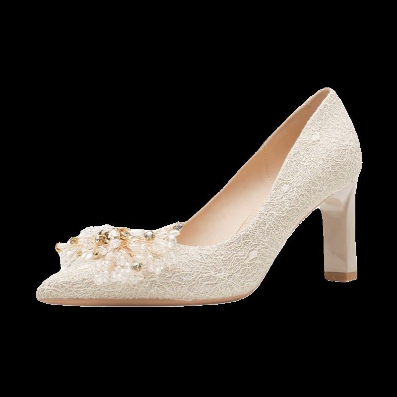 婚鞋不累脚高级感2024春季新款法式新娘高跟鞋女粗跟水钻伴娘单鞋