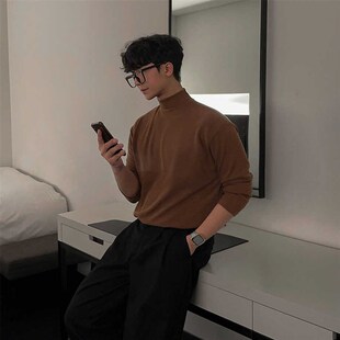 韩版黑色内搭半高领打底衫男秋冬季保暖德绒中领秋衣宽松长袖T恤