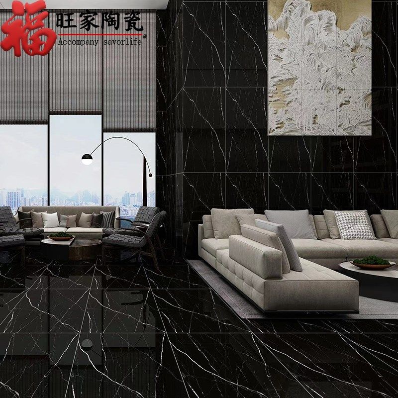 大板亮面黑色瓷砖750xX1500全抛釉深色砖别墅客厅地板砖背景墙面