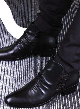 皮靴男尖头短靴j马丁靴韩版英伦潮鞋高跟机车靴内增高男靴子定制