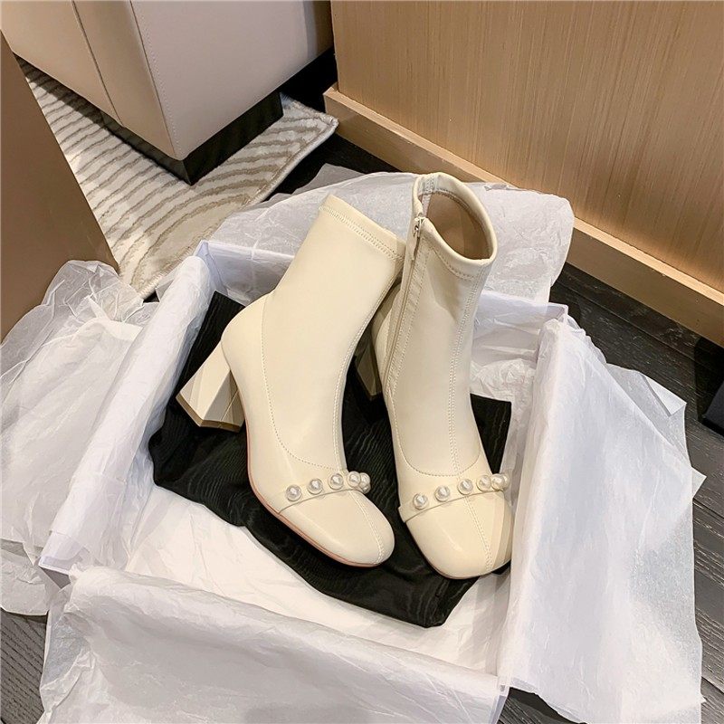 莎梨 小众设计~!高级珍珠圆头粗跟高跟弹力短靴软底百搭女瘦瘦靴,女鞋,弹力靴/袜靴,淘宝优惠券,粉丝福利购,淘宝优惠卷