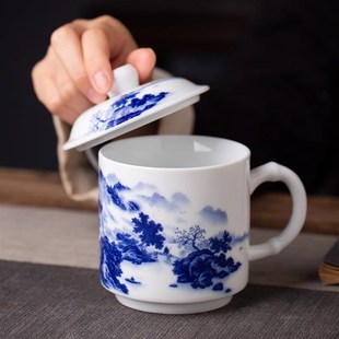 个人办公青花瓷杯会议杯子可定制 景德镇茶杯陶瓷家用带盖水杯中式