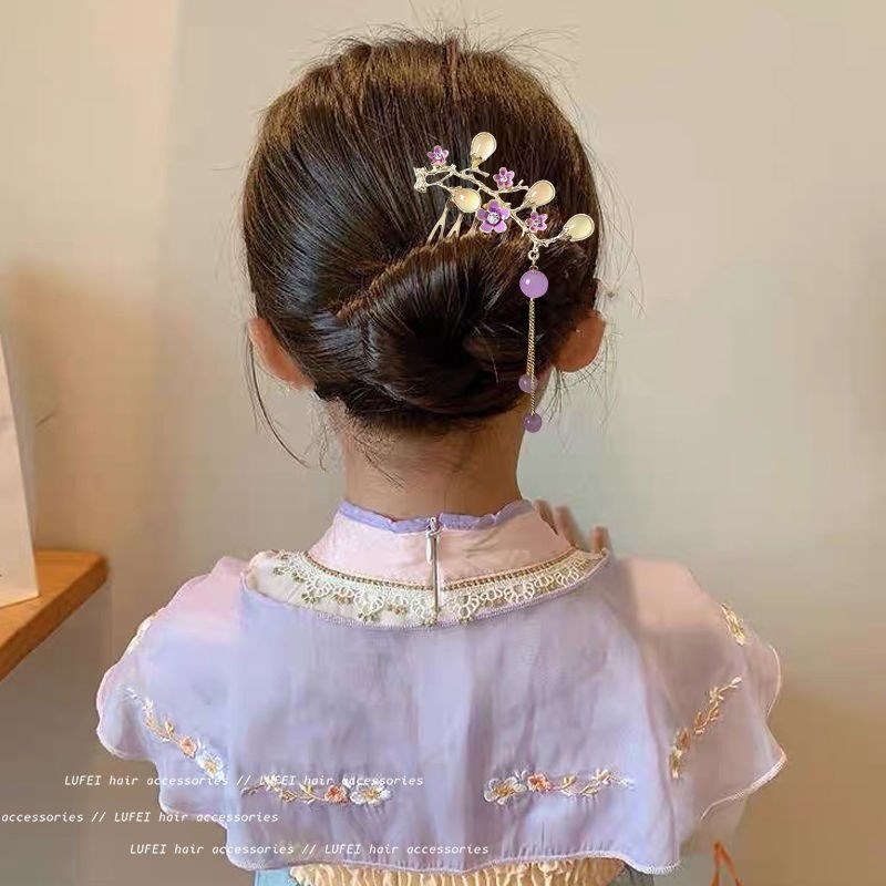 儿童新中式古风流苏发簪小女孩国风花朵发梳插梳女童发钗汉服头饰