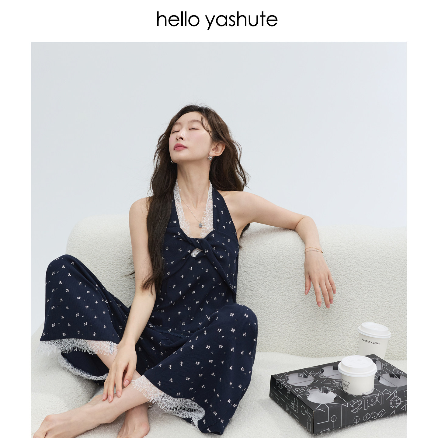 helloyashute睡衣女夏挂脖吊带碎花七分裤高级感甜美可外穿家居服