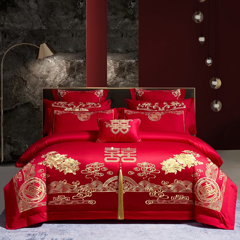 100支长绒棉婚庆四件套全棉刺绣纯棉大红色婚房喜庆结婚床上用品4