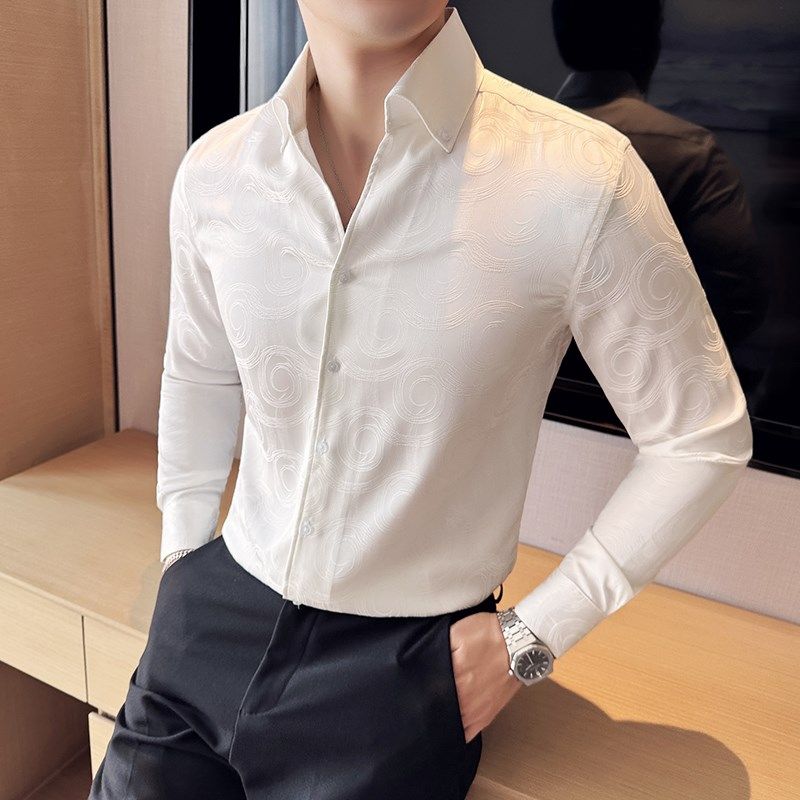 夏季薄款小众花衬衫男长袖2024新款高级感V领时尚提花设计感衬衣