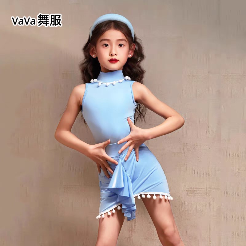 vava拉丁舞服女舞蹈训练功服儿童网红无袖上课表演出裙套装