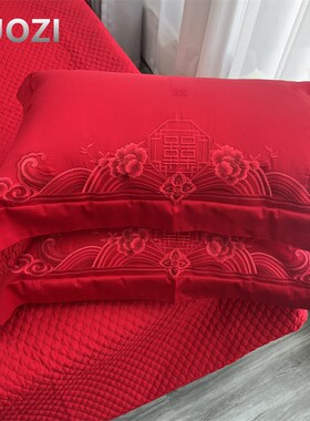 140支长绒棉刺绣枕套大红加厚纯棉喜字提H花结婚床品48*74百子牡