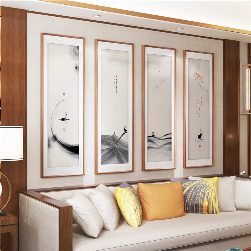 梅兰竹菊四联画新中式民宿酒店客厅沙发装饰画茶室挂画花鸟四条屏