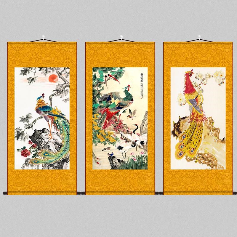 丹凤朝阳凤鸣图凤凰百鸟朝凤国画客厅卧室装饰卷轴背景墙丝绸挂画