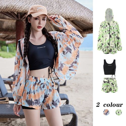 新款微胖泳衣女分体三件套罩衫长袖防晒连帽拉链ins风潮酷显瘦