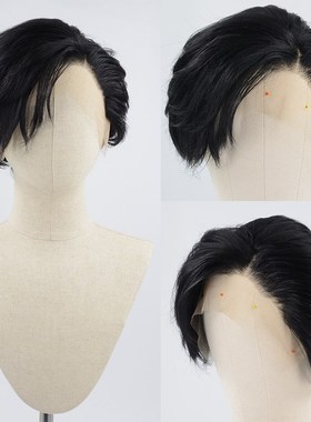 男士短假发纯黑色修剪高温丝前蕾丝手勾发自然发际线整顶假发毛胚