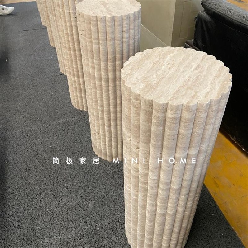 天然黄洞大理石开槽圆柱装饰摆件雕塑落地底座展示台立柱子石墩子