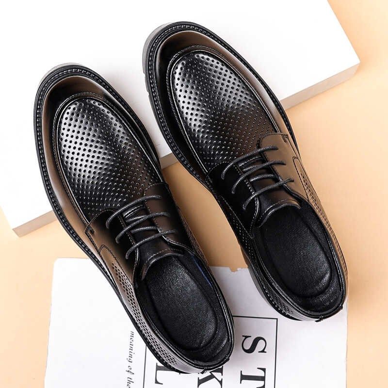 男士增高皮鞋男新款透气镂空凉鞋厚底商务正装内增高英伦结婚男鞋