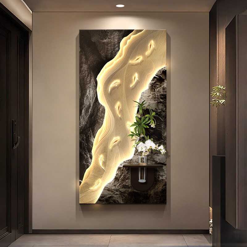 九鱼图玄关装饰画新中式寓意好入户门立体挂画高级感走廊过道壁画图片