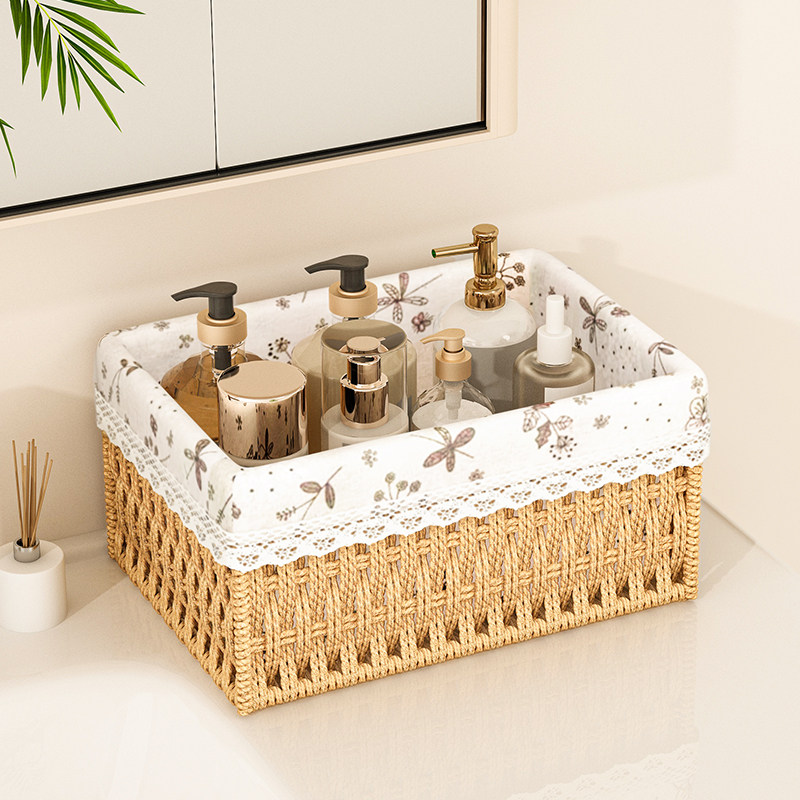 桌面收纳盒子编织杂物收纳筐化妆品藤编茶几整理盒田园零食储物盒,收纳整理,桌面收纳盒,淘宝优惠券,粉丝福利购,淘宝优惠卷