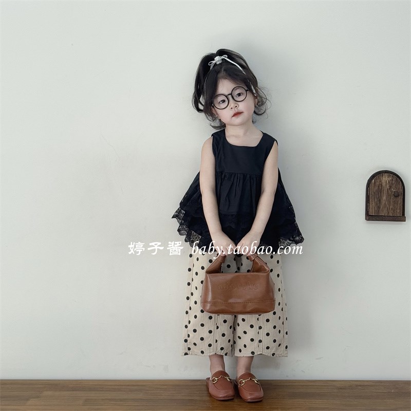 儿童洋气宽松衬衫2025新款韩版春夏款女宝宝无袖双层蕾丝娃娃衫潮