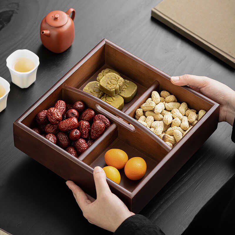中式四宫格木质收纳盒水果盘干果盘零食盒点心盒托盘客厅收纳摆件