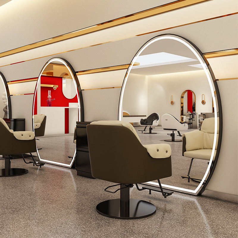 立式大鹅蛋形带柜网红发廊专用美发店镜台理发店剪发镜子潮款简约