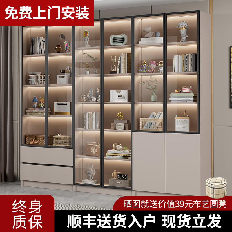 书柜家用带玻璃门客厅一体整墙现轻奢定制O储物柜实木书架展示柜