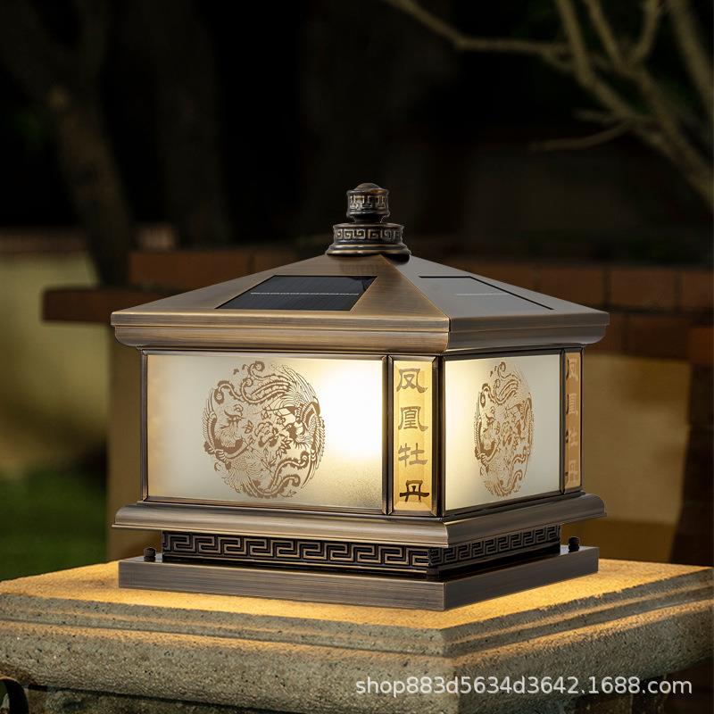 新中式太阳能柱头灯接电款防水全铜别墅围墙大门柱子灯户外庭院灯