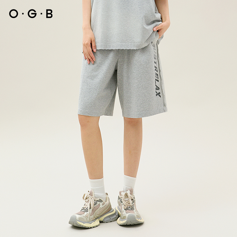 OGB高腰松紧廓形基础款卫裤潮牌短裤抽绳宽松休闲裤街头五分裤