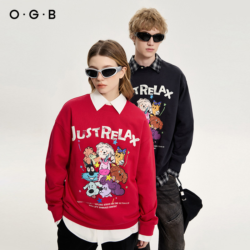 OGB潮牌圆领套头卫衣情侣款动物涂鸦外套宽松廓形运动上衣男女