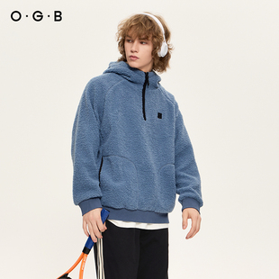 OGB摇粒绒连帽卫衣半拉链保暖休闲运动上衣宽松拼色外套男女同款
