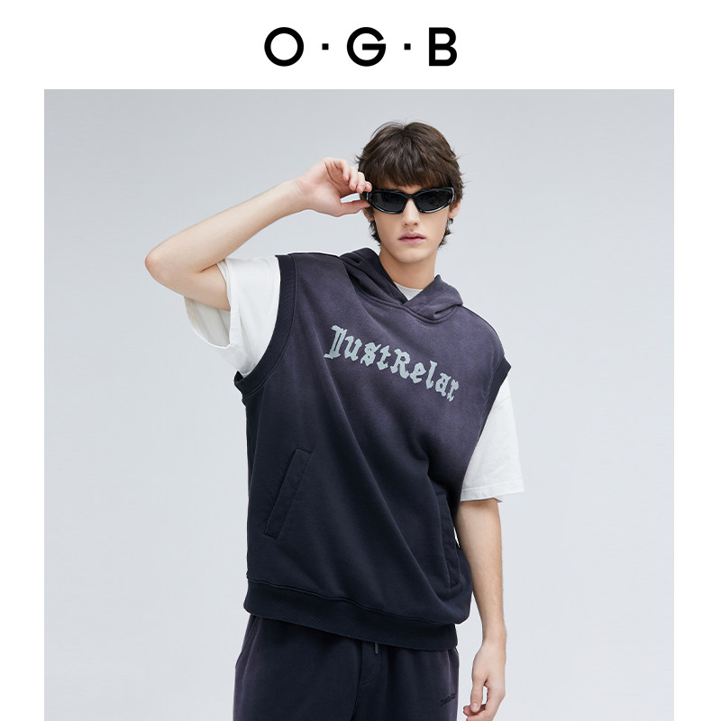 OGB 美式复古印花连帽背心坎肩短袖卫衣春季新款叠穿百搭男上衣