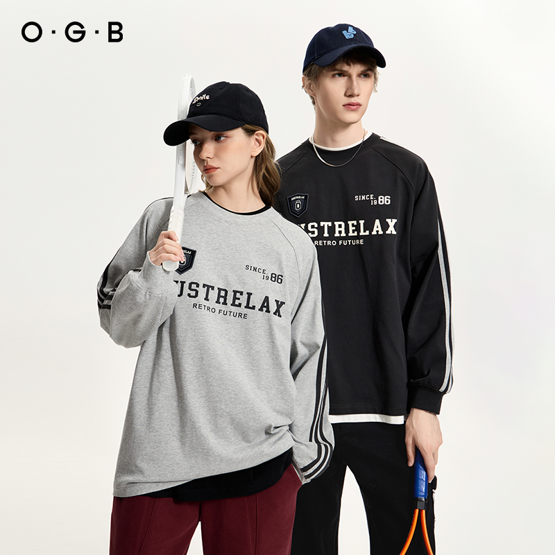 OGB2025秋季新款运动学院风印花长袖T恤情侣插肩纯棉宽松上衣