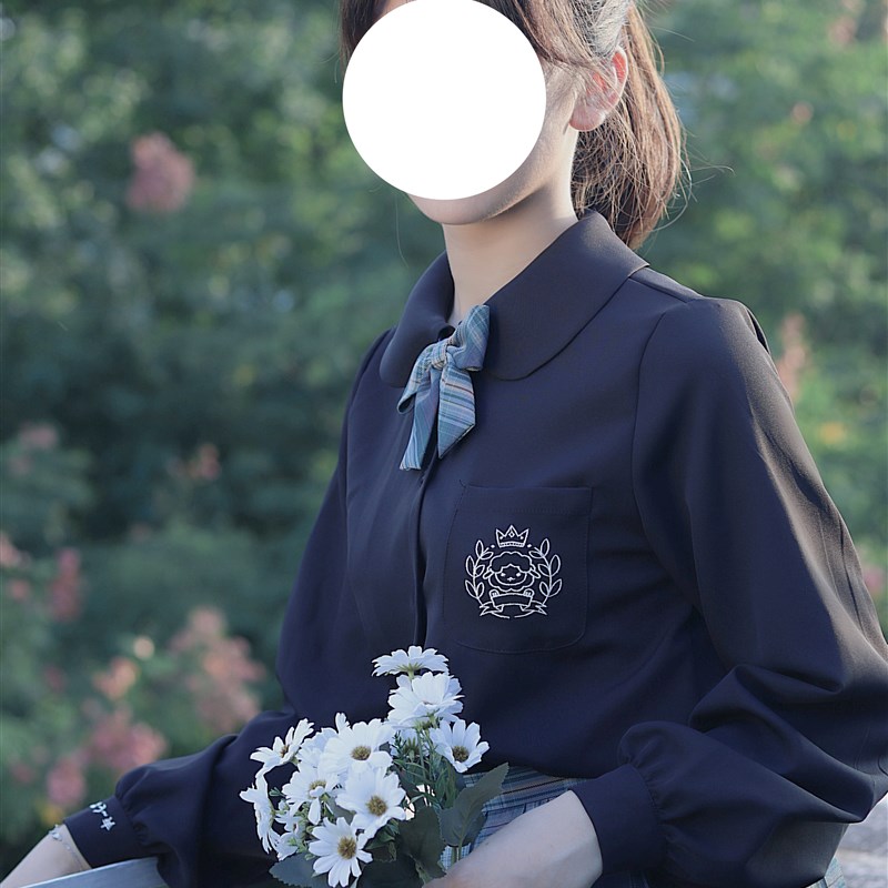 【现货在贩中】黑色奶油咩咩丸襟z女款长袖微泡泡袖jk衬衫圆领显