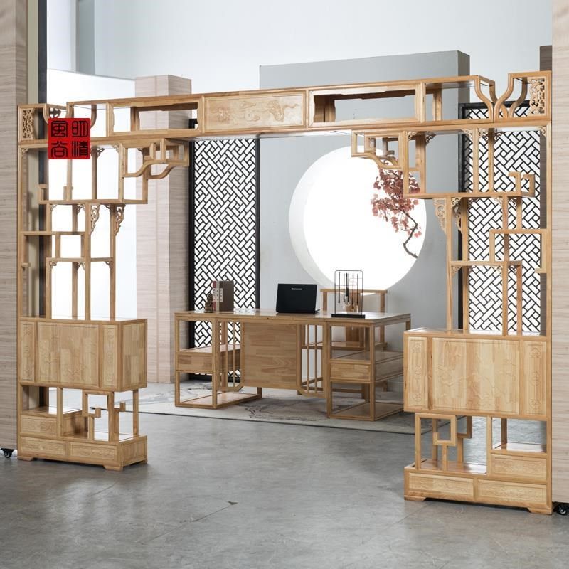 实木博古架隔断客厅门新中式伸缩月洞门多宝阁玄关柜月亮拱门定制