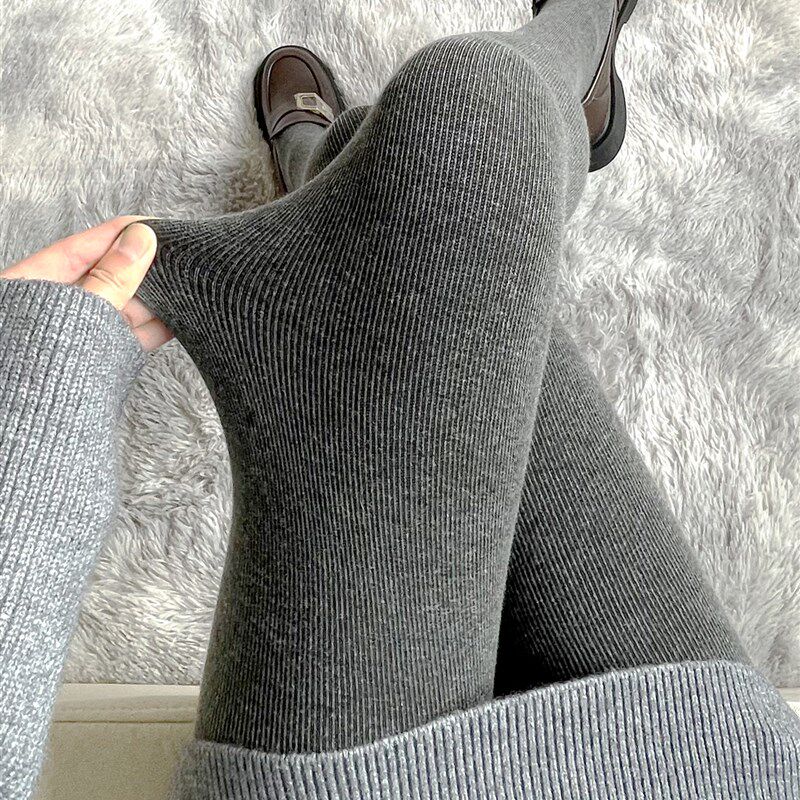 竖条纹灰色打底裤冬外穿加绒w加厚大码胖mm连裤袜女弹力显瘦不掉