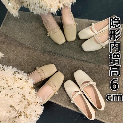 方头低跟小皮鞋2024新款玛丽珍单鞋女外穿小个子内增高6Zcm奶奶鞋