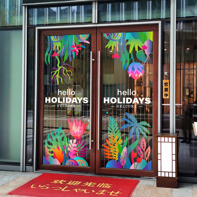 彩色夏天花纹窗花贴纸商场展厅酒店推拉门整张贴膜氛围包围静电贴