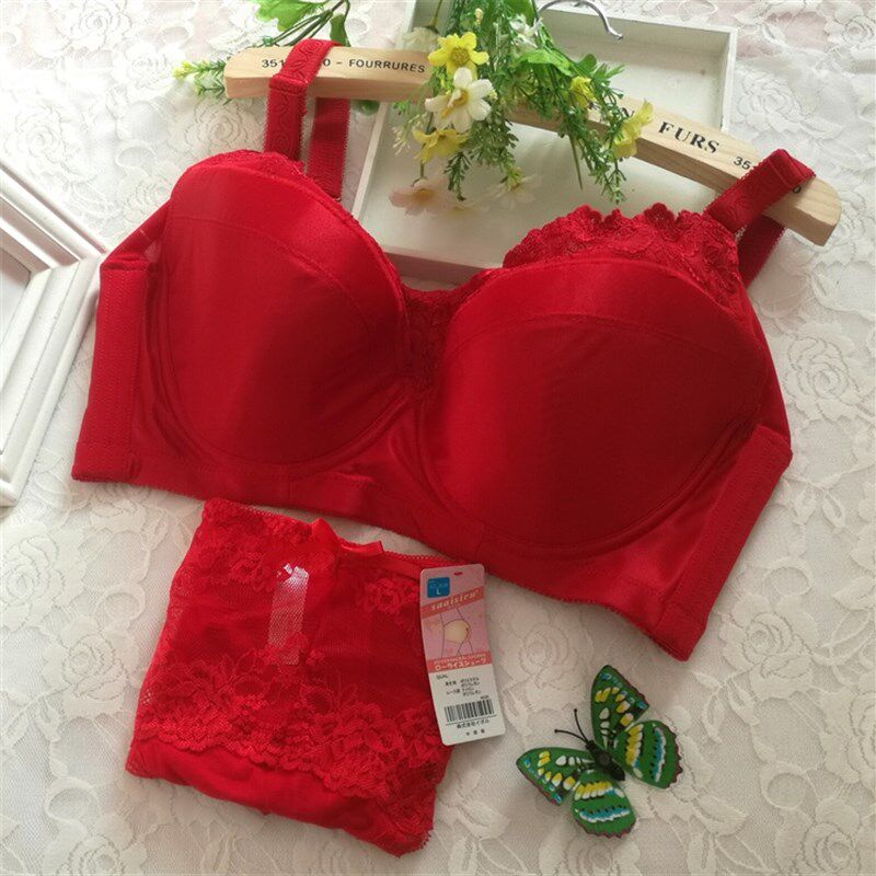 大码薄款文胸套装新年红内衣本命C年大红色胸罩全包不跑杯光面乳