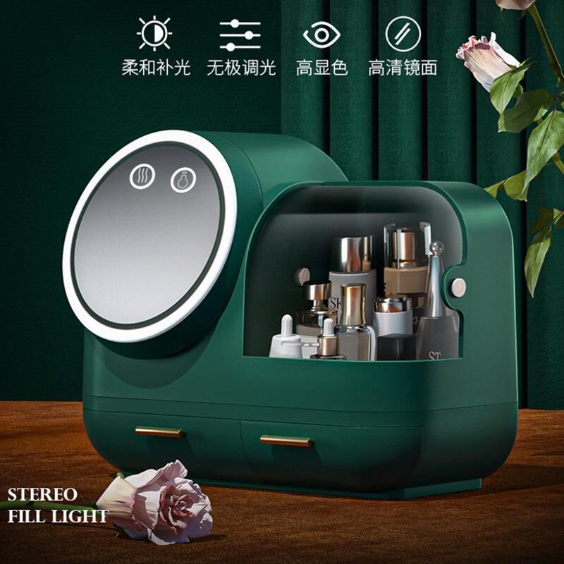 化妆收纳盒带品桌面梳妆护肤镜子台一体置物架大容量防尘箱镜家用