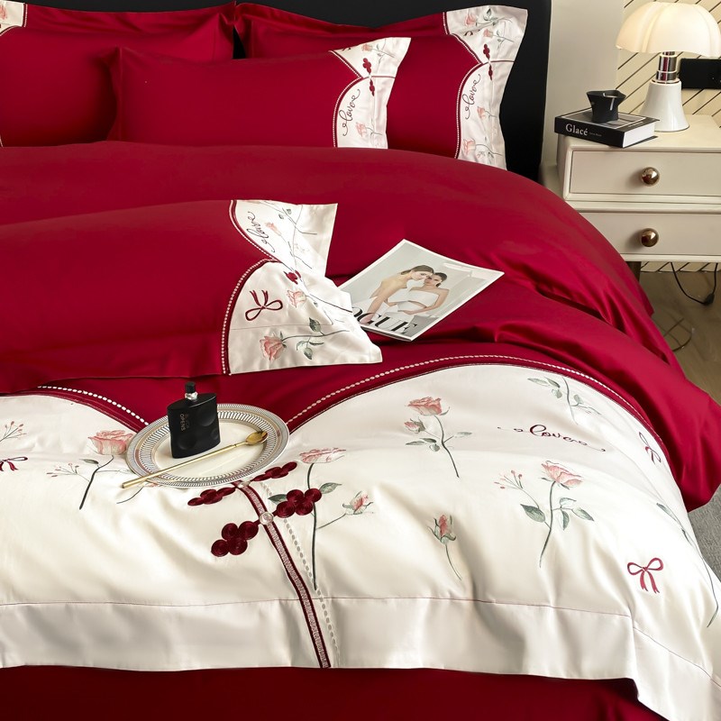 高档长绒棉结婚四件套大红色床单被套纯棉新婚庆床上用品婚房喜被